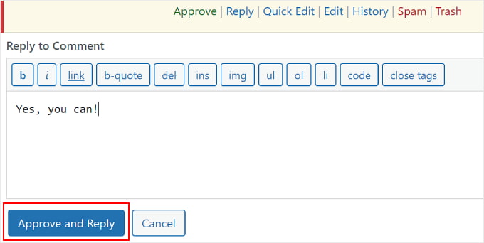 Approving and replying to a WordPress comment