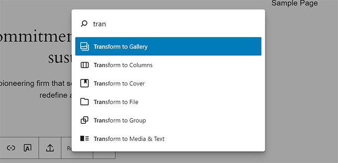 Block actions in command palette