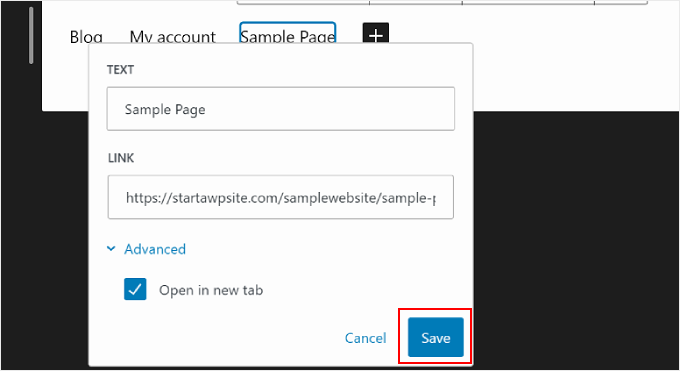 Editing a page link and clicking Save for the navigation menu in WordPress Full Site Editing